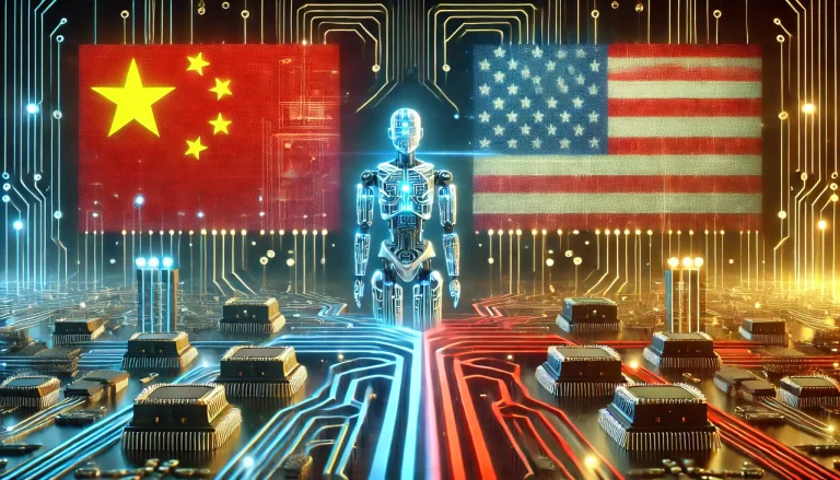 Bir yapay zeka robotu, Çin ve ABD bayraklarının entegre edildiği devre motifleriyle çevrili bir arka planda duruyor. Görsel, teknolojik yenilik, küresel yapay zeka rekabeti ve modern veri akışlarını vurguluyor.